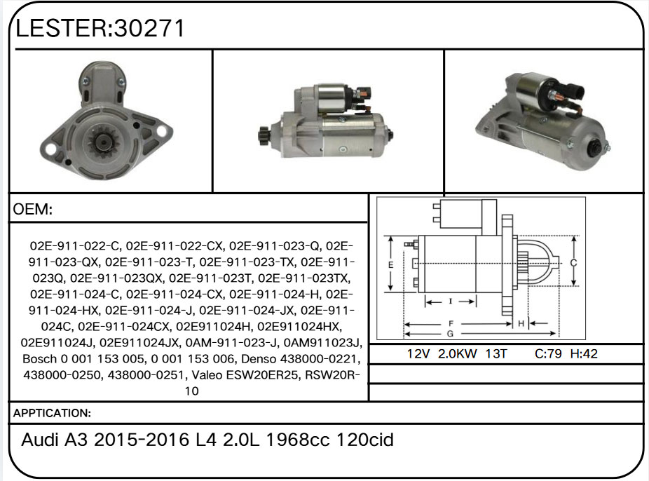 30271  Starter for Audi, Volkswagen 02E-911-022-C, 02E-911-022-CX, 02E-911-023-Q, 02E-911-023-QX, 02E-911-023-T, 02E-911-023-TX, 02E-911-023Q, 02E-911-023QX, 02E-911-023T, 02E-911-023TX, 02E-9