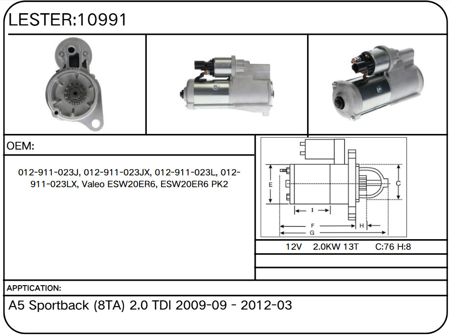 10991 Starter for Audi, Volkswagen 012-911-023J, 012-911-023JX, 012-911-023L, 012-911-023LX, Valeo ESW20ER6, ESW20ER6 PK2