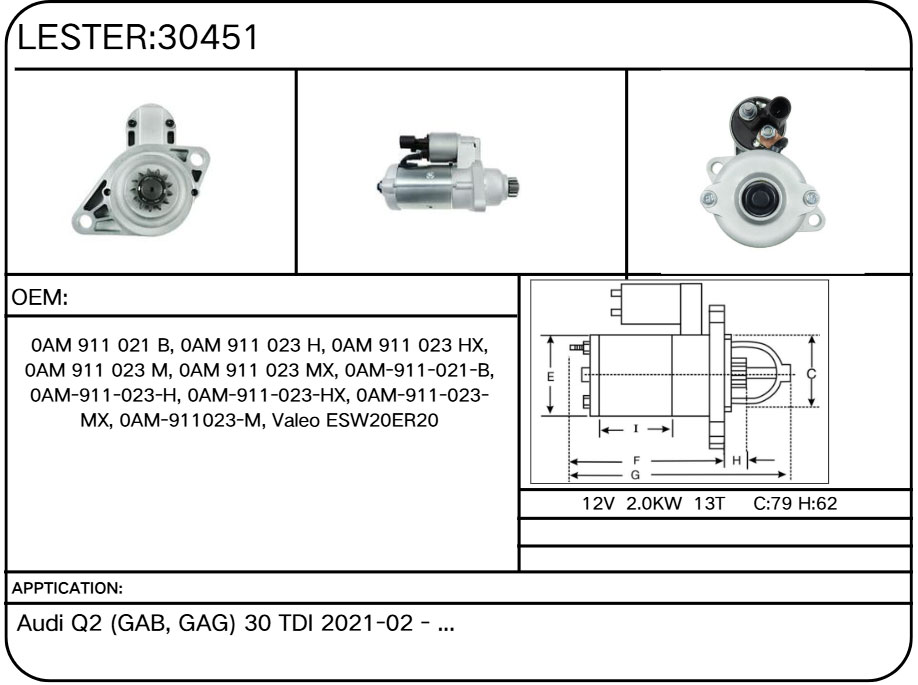 30451 Starter for Audi, Volkswagen 0AM 911 021 B, 0AM 911 023 H, 0AM 911 023 HX, 0AM 911 023 M, 0AM 911 023 MX, 0AM-911-021-B, 0AM-911-023-H, 0AM-911-023-HX, 0AM-911-023-MX, 0AM-911023-M, Vale