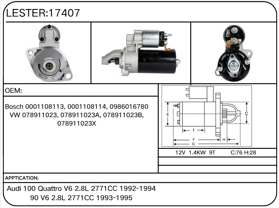 17407 Starter for Audi, Volkswagen 0AM 911 021 B, 0AM 911 023 H, 0AM 911 023 HX, 0AM 911 023 M, 0AM 911 023 MX, 0AM-911-021-B, 0AM-911-023-H, 0AM-911-023-HX, 0AM-911-023-MX, 0AM-911023-M, Vale