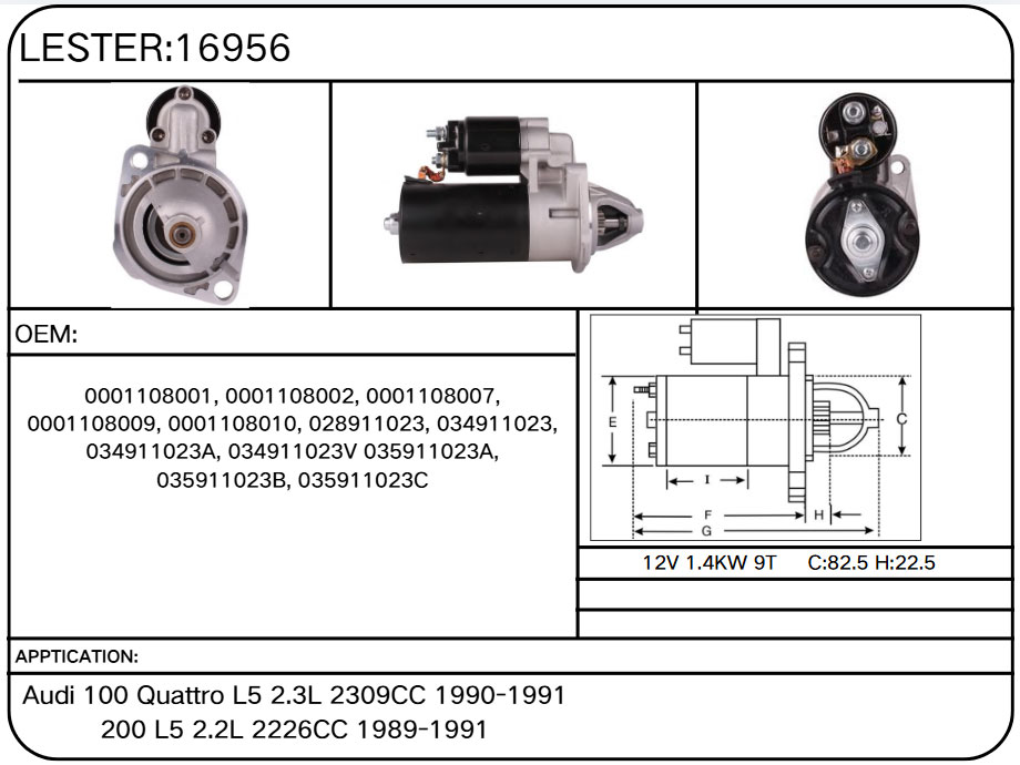 16956 Starter for Audi, Volkswagen 0001108001, 0001108002, 0001108007, 0001108009, 0001108010, 028911023, 034911023, 034911023A, 034911023V 035911023A, 035911023B, 035911023C