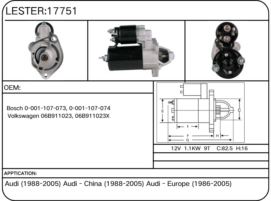 17751 Starter for Audi, Volkswagen Valeo 438164, 438167, 458182, 458186, D7GS17, D7GS7, D7GSP7 VW 077911023J, 077911023K