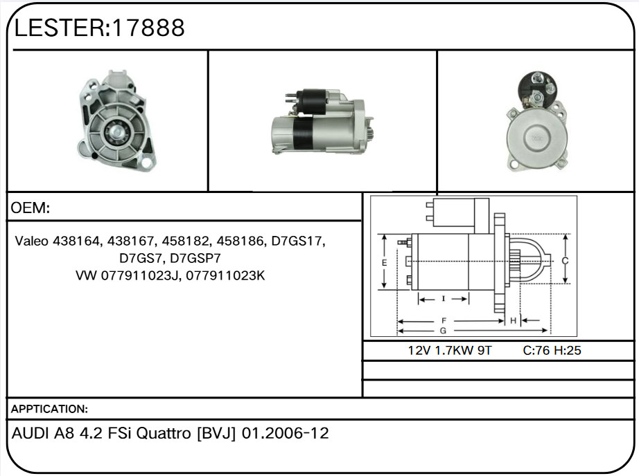 17888 Starter for Audi, Volkswagen 0001107068, 0001107073, 0001107074, 1986S00658,  053911023AV, 053911023BX, 058911023BV, 058911023BX, 06B911023, 06B911023V, 06B911023X