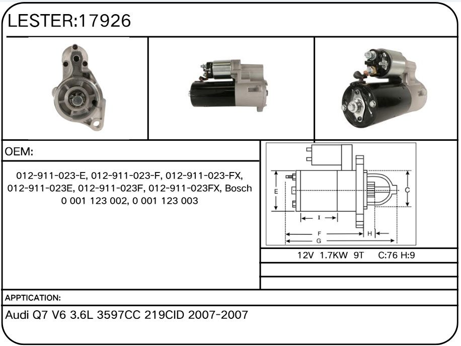17926 Starter for Audi, Volkswagen 012-911-023-E, 012-911-023-F, 012-911-023-FX, 012-911-023E, 012-911-023F, 012-911-023FX, Bosch 0 001 123 002, 0 001 123 003
