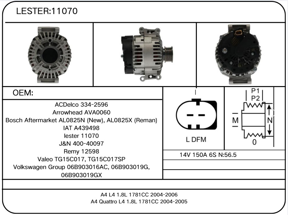11070 Alternator for Audi, Volkswagen 0124615009, 0124615108, 0986044910, 1986A01167,06B903016Q, 06B903019G, 06D903016, 06D903016V, 06D903016X，2542494B, 2542509, 2542509C, 2542738, 2542738A,