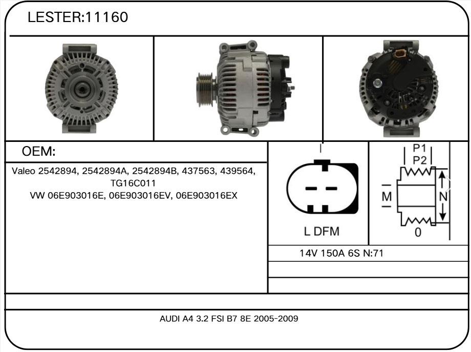 11160 Alternator for Audi, Volkswagen 06E-903-016-E, 06E-903-016-EX, 06E-903-016E, 06E-903-016EX, Valeo TG16C011