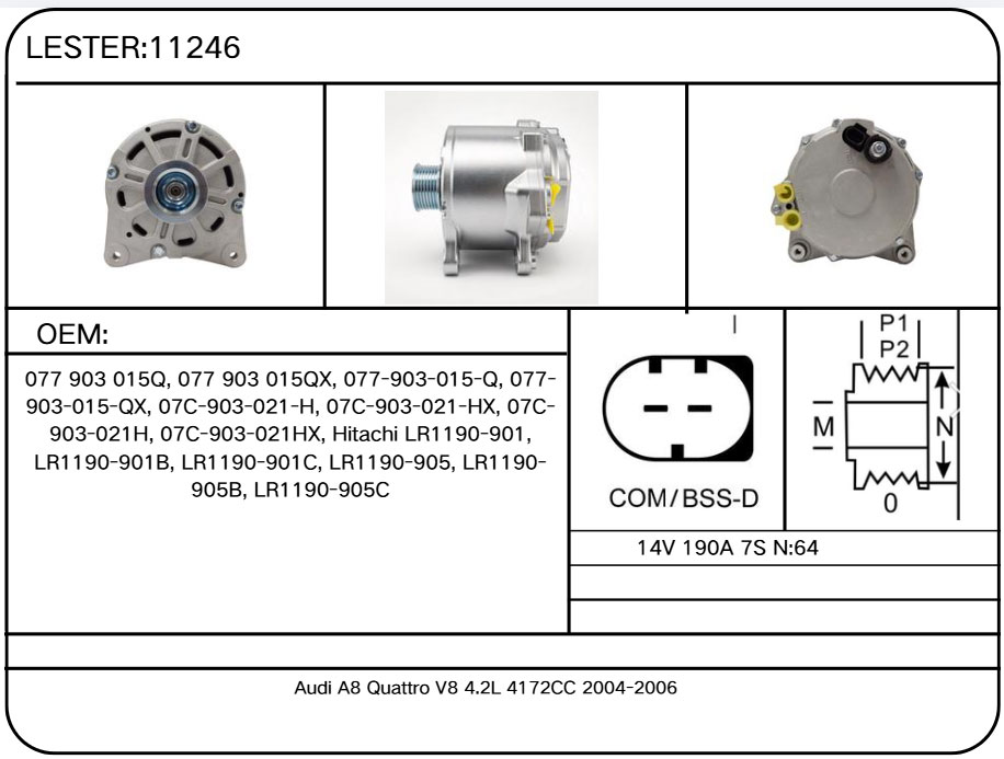 11246 Alternator for Audi, Volkswagen 077 903 015Q, 077 903 015QX, 077-903-015-Q, 077-903-015-QX, 07C-903-021-H, 07C-903-021-HX, 07C-903-021H, 07C-903-021HX, Hitachi LR1190-901, LR1190-901B, L