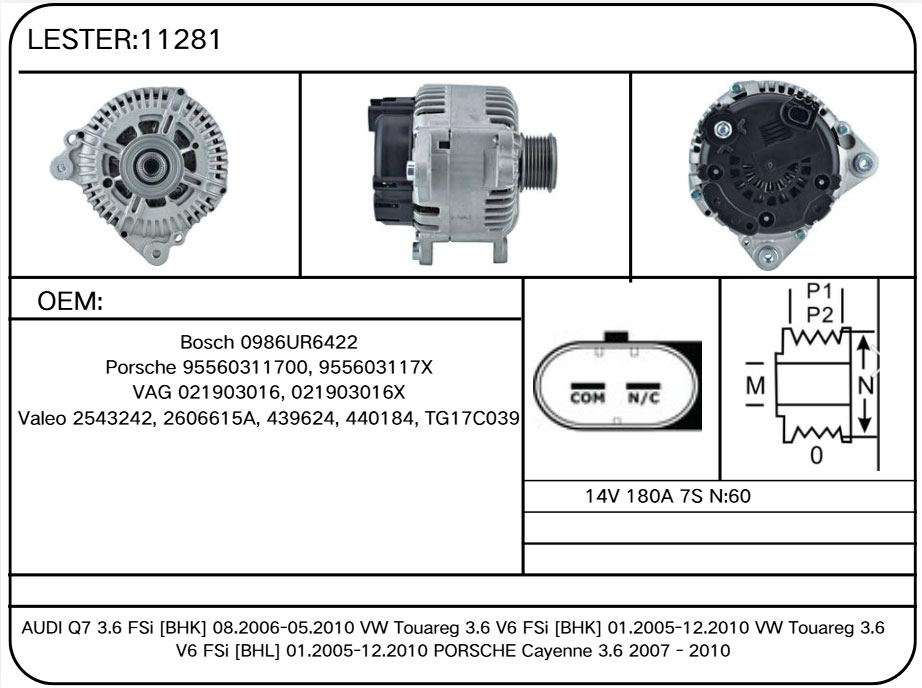 11281 Alternator for Audi, Volkswagen 021-903-016, 021-903-016-X, 021-903-016X, 022-903-023-D, 022-903-023-DX, 022-903-023D, 022-903-023DX, Porsche 955-603-117-00, Valeo 2606615A, FG18T041, TG